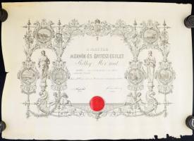 1899 A Magyar Mérnök- és Építész-Egylet tagfelvételi oklevele Réthy Mór (1870-ig Rothbaum) (1846-1925) matematikus, fizikus, az MTA tagja részére, dekoratív grafikával, rajta Hieronymi Károly (1836-1911) politikus, korábbi belügyminiszter, elnök, ill. Fittler Kamill (1853-1910) építészmérnök, titkár aláírásával. Feltekerve, lapszéli sérülésekkel, 53x74 cm