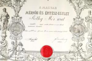 1899 A Magyar Mérnök- és Építész-Egylet tagfelvételi oklevele Réthy Mór (1870-ig Rothbaum) (1846-192...