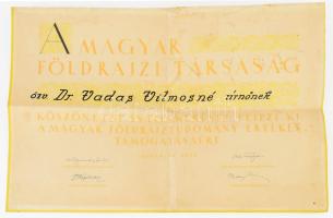 1930 A Magyar Földrajzi Társaság támogatást köszönő oklevele. Hajtva 48x33 cm