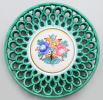 Áttört kerámia tál, mázas, kézzel festett, jelzett, hibátlan d: 29 cm