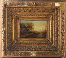 Jelzés nélkül, feltehetően XIX. sz. festő: Táj. Olaj, fa. Hátoldalán Szépművészeti Múzeum 379/2004 bírálati címkéjével. Dekoratív, sérült, antik fakeretben. 15x24 cm