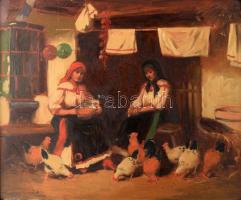 Veress Zoltán (1868-1935): Élet az udvaron. Olaj, karton, jelzett. Dekoratív, sérült fakeretben. 50x60 cm