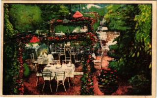 Budapest XIV. Columbus utca 11/b. Kovács Kelemen Rózsakert vendéglője, terasz, hátoldalán a tulajdonos reklámja (EB)