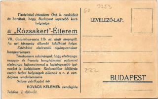 Budapest XIV. Columbus utca 11/b. Kovács Kelemen Rózsakert vendéglője, terasz, hátoldalán a tulajdon...