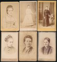 cca 1860-1880 Női portrék, 6 db vizitkártya, klf. pesti/budapesti műtermekből (Kolb Péter, Ellinger Ede, Simonyi, stb.), változó állapotban, 10,5x6,5 cm körül