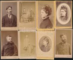 cca 1865-1885 Vegyes portrék, 8 db vizitkártya, klf. műtermekből (Zureich Károly, Klösz György, Gévay Béla, stb.), változó állapotban, 10,5x6,5 cm körül