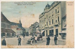 1908 Brassó, Kronstadt, Brasov; Ferenc József tér és környéke, üzletek, villamos, automobil / square, tram, shops, automobile (fl)