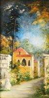 Andrásy Róbert (?-?): Várudvar. Olaj, vászon, faroston. Dekoratív fakeretben. 69x36 cm