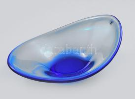 Kék kézi üveg dísztál, Anyagában színezett, jelzett,hibátlan 28x20 cm