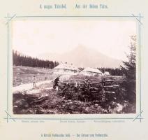 cca 1890 Képek a Magas-Tátrából, fényképezte: Divald Károly, Eperjes. 1 (címlap) t.+ 28 (fotók, magyar és német nyelven feliratozott kartonon) t. Kiadói aranyozott, festett egészvászon-mappában, viseltes, sérült borítóval, kissé foltos, helyenként kissé sérült kartontáblákkal, táblák mérete: 25x33 cm. / cca 1890 Die Hohe Tatra (High Tatras, Vysoké Tatry), album with 28 vintage photographs on cardboard by Karl Divald, in worn condition, with slightly spotty and partially slightly damaged plates.