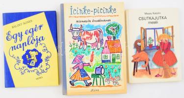 3 db mesekönyv: Bálint Ágnes: Egy egér naplója. Bp., 1983, Móra. Kiadói kartonált papírkötés. + Mezey Katalin: Csutkajutka meséi. Mészáros Márta rajzaival. Bp., 1983, Móra. Kiadói kartonált papírkötés. + Icinke-picinke. Magyar népmesék óvodásoknak. Vál. és szerk.: Kovács Ágnes. Bp., 1983, Móra. Kiadói kartonált papírkötés.