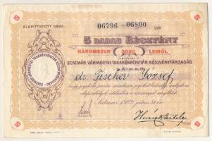 Románia / Satu-Mare (Szatmár) 1922. "Szatmár Vármegyei Takarépénztár Részvénytársaság" 5db névre szóló részvénye egyben, összesen 3000L-ről szelvényekkel, szárazpecséttel T:AU / Romania / Satu-Mare (Szatmár) 1922. "Szatmár Vármegyei Takarépénztár Részvénytársaság" 5 shares in one, all about 3000 Lei with the shareholders name, with coupons C:XF,VF