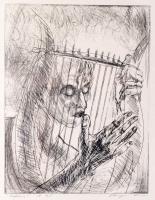 Varga Imre (1923-): Orfeusz. Rézkarc, papír, jelzett, üvegezett fakeretben, lap alja foltos, 39x29,5 cm.