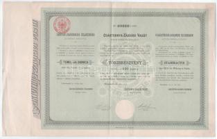 1885 Budapest "Csáktornya-Zágrábi Vasút Részvény-Társaság" törzsrészvénye 200Ft-ról szárazpecséttel, bélyegzéssel T:F / Hungary / Budapest 1885. "Csáktornya-Zagreb Railway Share Company" share about 200 Forint with coupons and cancellation C:F
