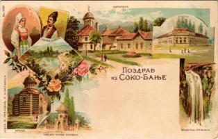 Sokobanja, Soko Banja; church, Serbian folklore, school, waterfall. Art Nouveau, floral, litho (EK)