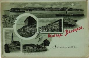 1899 (Vorläufer) Beograd, Belgrade, Belgrád; Rue Doubrovatchka, Cathedrale, Rue du Roi Milan avec le palais royal, Academie militaire et ministerie de la guerre / street, cathedrale, royal palace, military academy. Art Nouveau, floral, litho (EM)