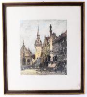 Luigi Kasimir (1881-1962): München, régi városháza. Színezett rézkarc, papír, jelzett, üvegezett fak...