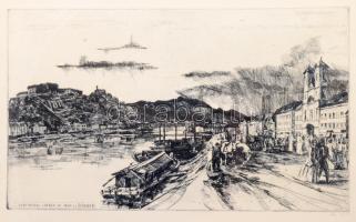 Váci András (1928-1989): Pest-Budai látkép az 1840-es években (Budapest). Rézkarc, papír, jelzett, üvegezett fakeretben, 29×49 cm