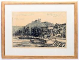 Blahos Rudolf (1917-1986): Tihany. Rézkarc, papír, jelzett. Üvegezett fa keretben. 27x41 cm