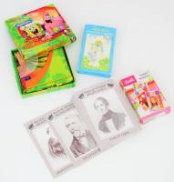 3 pakli különféle kártya: Magyar színházi arcképcsarnok, Barbie, Angels Oracle Cards + Spongyabob puzzle