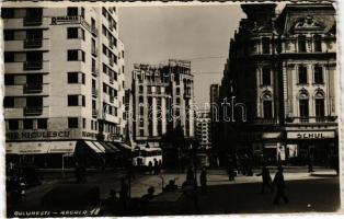 1941 Bucharest, Bukarest, Bucuresti, Bucuresci; Regala 18, Dragomir Niculescu, Schul, Hotel Istanbul, Juvenus, Drogheria / street, shops, automobiles, autobuses, pharmacy. photo (EM)