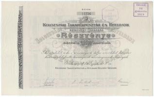 Kolozsvár 1917. "Kolozsvári Takarékpénztár és Hitelbank Részvény-társaság" részvénye 200K-ról szelvényekkel, szárapecséttel, bélyegzésekkel T:AU