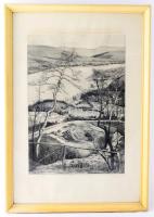 Bojtos Károly (1936-2011): Dunakanyar. Rézkarc, papír, jelzett, számozott (57/100). Üvegezett fakere...