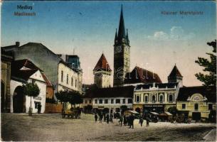 1924 Medgyes, Mediasch, Medias; Kleiner Marktplatz. Verlag G. A. Reissenberger / Piac tér, Evangélikus templom, Wilhelm Breckner üzlete / market square, Lutheran church, shops (gyűrődés / crease)