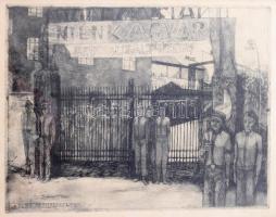 Barczi Pál (1933-2003): Gyár szocializálása. Rézkarc, papír, jelzett. Üvegezett fakeretben, lap széle kissé foltos, 29,5×38 cm