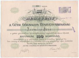 Gúta 1905. "Gútai Gőzmalom Részvénytársaság" részvénye 100K-ról szárazpecséttel, bélyegzésekkel T:VF / Hungary / Gúta 1905. "Steam Mill Share Company of Gúta" share about 100 Korona, with embossed stamp and cancellations C:VF