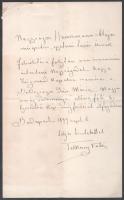 1899 Telkessy Valéria (1870-1950) festőművész autográf levele Hauszmann Alajos építésznek, melyen az általa épített Zsigmond kápolnába festendő kép megrendelését igazolja vissza.