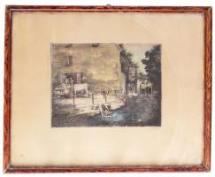 Kovács József (-): Tatai malom. Színezett rézkarc, papír, jelzett, üvegezett fakeretben, 20x27 cm