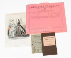 Régi divat metszet, tagsági könyv, 1936 olimpiai könyv bejelentő cetli, MÁV törekvés se természetjárók programja