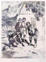 Ilyés L jelzéssel: Golyókkal játszó gyerekek. Rézkarc, papír, jelzett, üvegezett fakeretben, lap széle kissé foltos, 20x16 cm