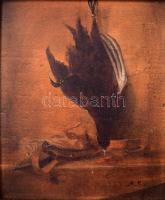 A. K. jelzéssel: Csendélet elejtett madárral (vadászcsendélet). Olaj, fatábla, dekoratív fakeretben, 25x21 cm