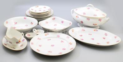 Zsolnay hiányos étkészlet. Leveses tál, sültes tálak, sótartó. + 6 + 3 db tányér. Matricás, jelzett, kis kopással, egy tányéron lepattanással.