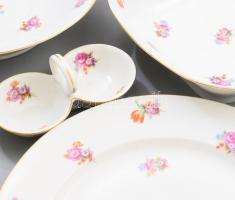 Zsolnay hiányos étkészlet. Leveses tál, sültes tálak, sótartó. + 6 + 3 db tányér. Matricás, jelzett,...