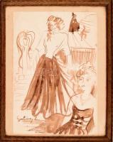 Gulácsy L jelzéssel: Hölgyek. Diópác, papír, kartonra kasírozva. Üvegezett fakeretben. 31x21 cm