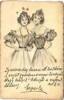1905 Hölgyek, egyedi kézzel rajzolt, szignózott művészlap / Ladies, hand-drawn art postcard, with signature (EK)