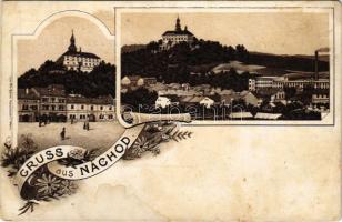 Náchod, castle, hotel, general view. Ph. Böhm. Art Nouveau, floral, litho (fl)