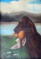 Mesterházy Dénes (1900-1949 körül): Vadászkutya a zsákmányával. Olaj, karton, jelzett. Üvegezett fakeretben, 24×19 cm