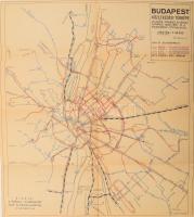 1957 Budapest közlekedési térképe, villamos, trolibusz, autóbusz, elővárosi vasút és a fogaskerekű vonalaival, 1 : 50.000, kiadja: a Fővárosi Villamosvasút Sajtó és Balesetelhárítási Csoportja, hátoldalán menetrendekkel, 40x36 cm
