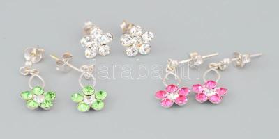 Ezüst (Ag) virágos-köves fülbevalópár, 3 db, jelzett, bruttó: 3 g
