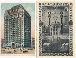 2 db RÉGI szabadkőműves témájú képeslap: Chicago, Masonic Temple és Freimaurerloge / 2 pre-1945 masonic lodge, freemasonry postcards