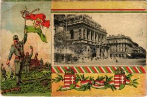 1916 Budapest VI. Andrássy út és Operaház. Hazafias litho keret K.u.K. katonákkal és magyar zászlóval, címerrel / Opera house, Hungarian coat of arms and flags, K.u.k. soldiers (EB)