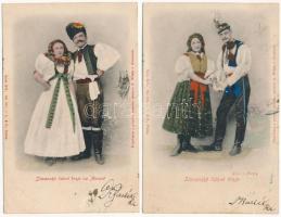 Slovanské lidové kroje na Morave, Kroje z Moravy (Morava) / Slavic folklore from Moravia, Moravian Slovaks - 2 db régi (1905 előtti) cseh és szlovák népviselet képeslap / 2 pre-1905 postcards