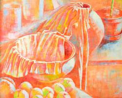 Kovács Árpád (1967-): Vidám csendélet, 1994. Olaj, farost. Jelezve jobbra lent. 35,5x44 cm. Dekoratív fakeretben.