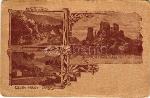 1923 Csesznek, Czuha-völgyi (Cuha-völgy) vasútvonal és vasúti alagút, gőzmozdony, Csesznek vára. Art Nouveau, floral (EB)