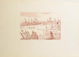 Szemethy Imre (1945-): Faluvég. Rézkarc, papír, jelzett, számozott (58/100). 29,5×2c0 m