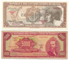 Brazília DN(1962) 5C "Thesouro Nacional" + DN(1964) 5000C "Thesouro Nacional", "505A 012547" T:AU,VG, közép hajtásnál pici szakadások Brasil DN(1962) 5 Cruzeiros "Thesouro Nacional" + ND(1964) 5000 Cruzeiros "Thesouro Nacional", "505A 012547" C:AU,VG, tiny tears at the middle-fold Krause P#166b, P#182b